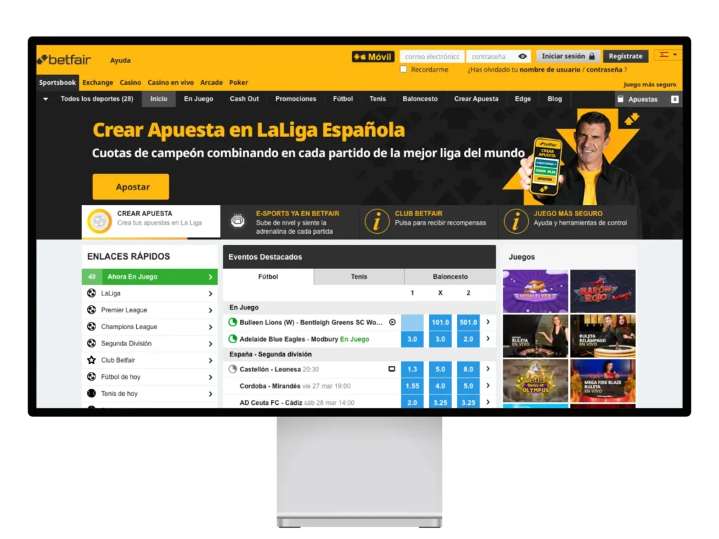 Maqueta de la interfaz principal de Apuestas betfair